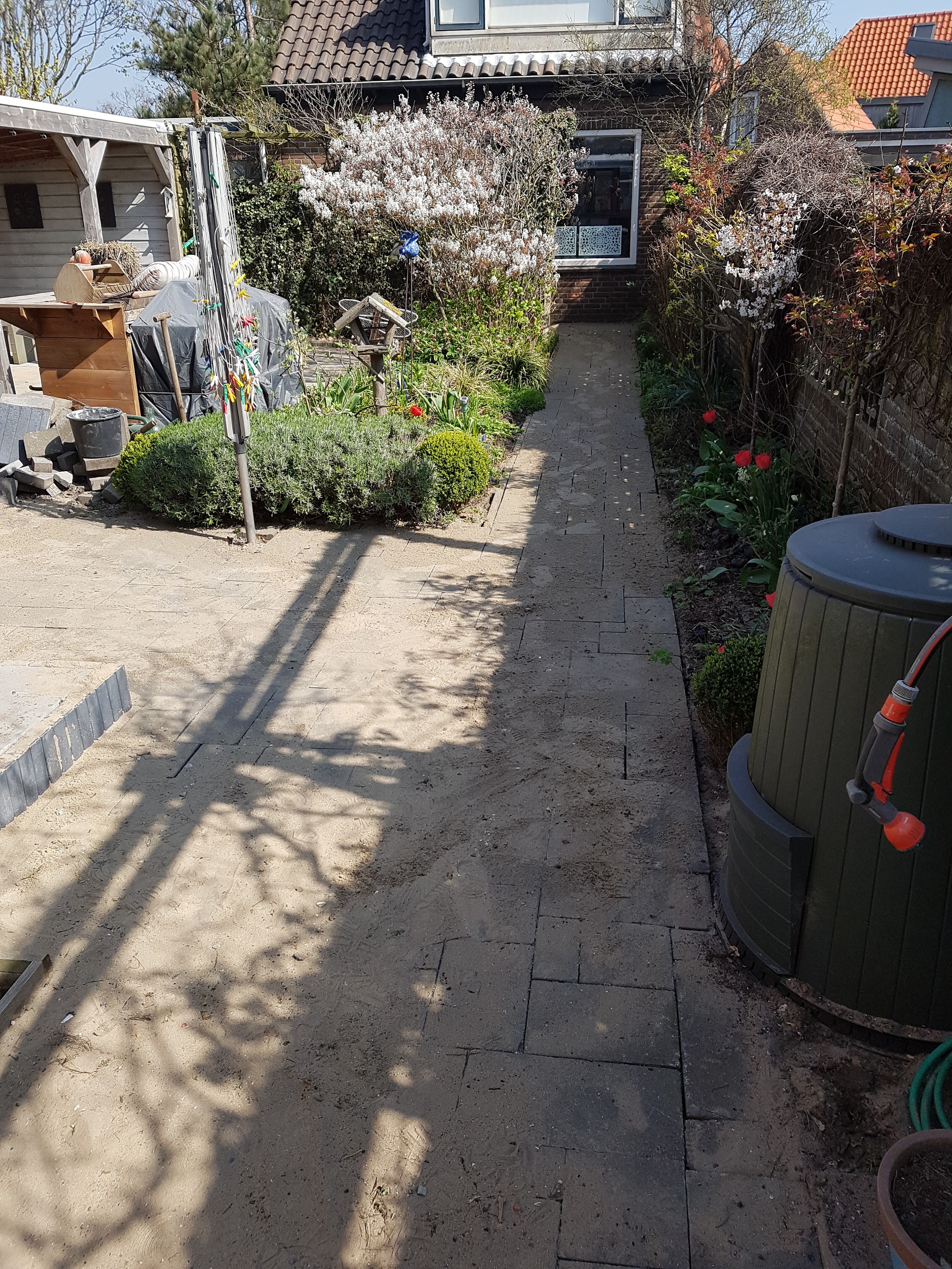 Smal tuinpad dat door een bloeiende achtertuin loopt